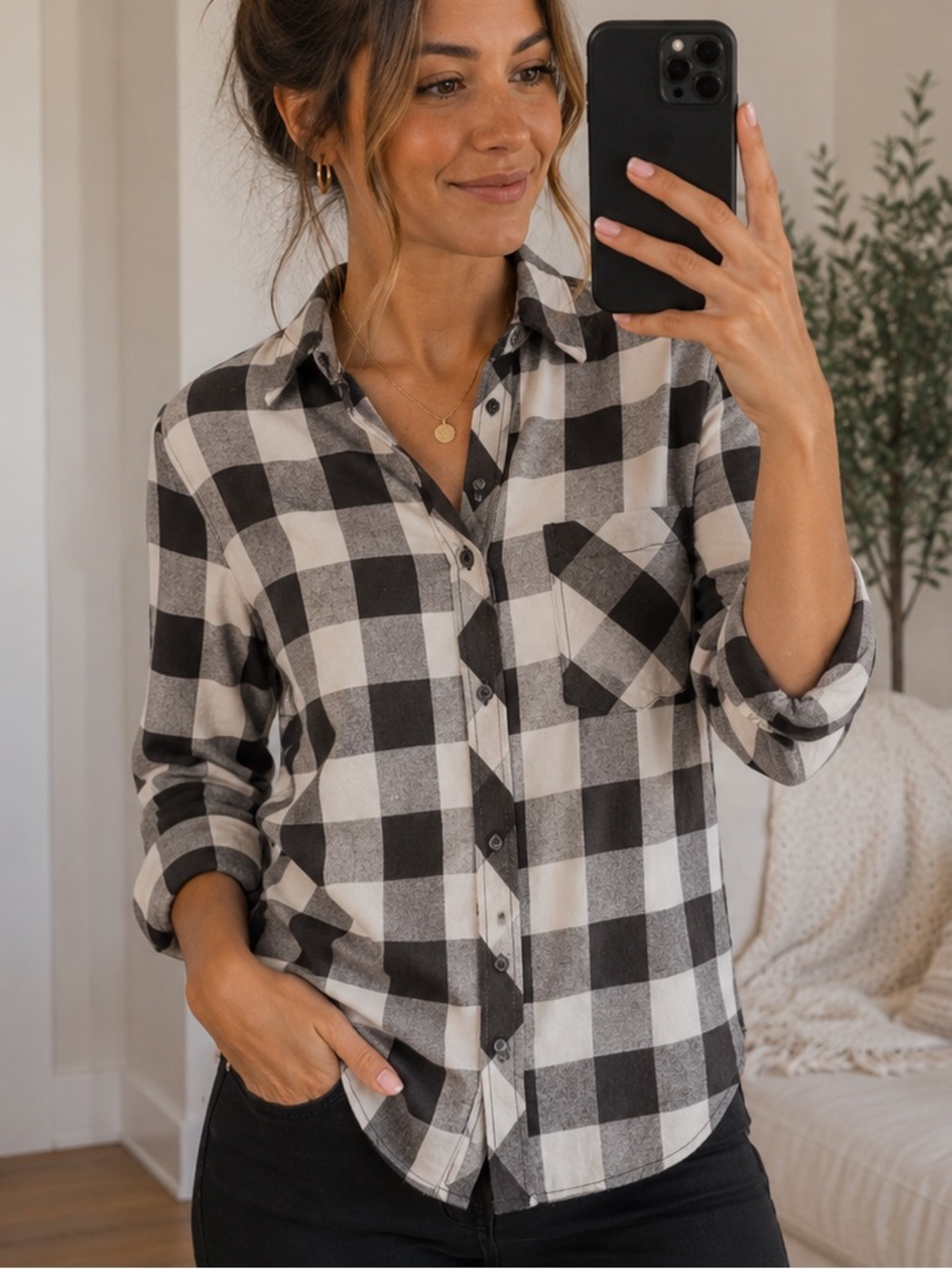 . Mindy Mae’s Market Heather Grey Buffalo Plaid Button Up Shirt